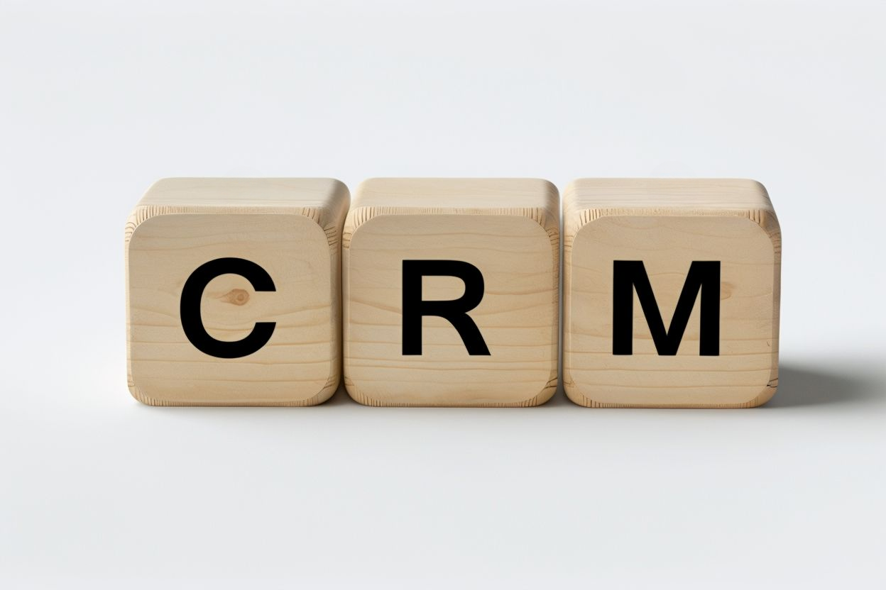Three Light Beige Wooden Cubes Displaying Bold CRM Letters